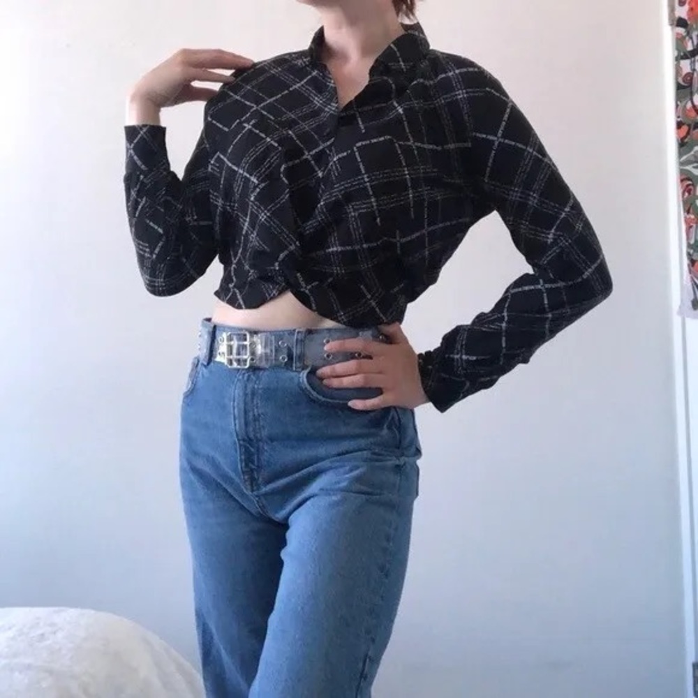 Black newspaper print cropped top trendy contemporary XXS fits XS-S blouse